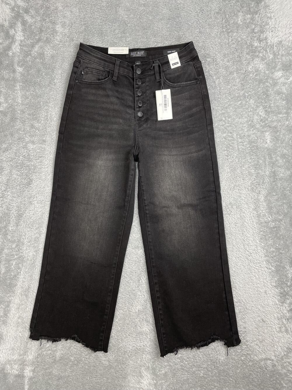 Judy Blue Wide Leg Crop Jeans Womens 9/29 Black Charcoal High Rise Raw Hem